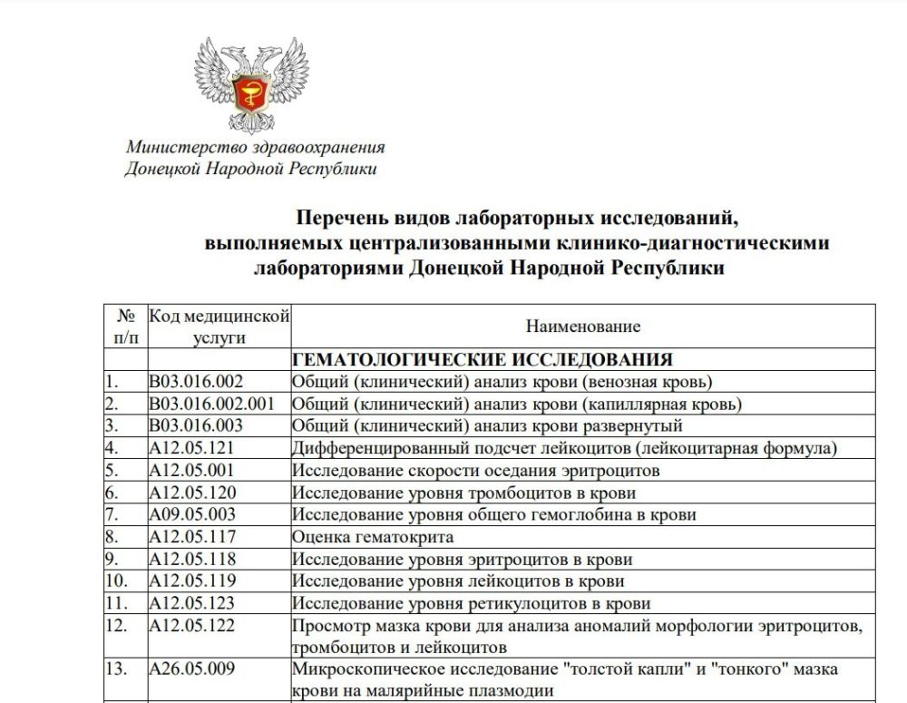 Министр здравоохранения ДНР Дмитрий Гарцев опубликовал в своем Телеграм-канале полный перечень анализов, которые выполняются в лабораториях медорганизаций по назначению врача бесплатно Министр здравоохранения ДНР Дмитрий Гарцев опубликовал в своем Телеграм-канале полный перечень анализов, которые выполняются в лабораториях медорганизаций по назначению врача бесплатно