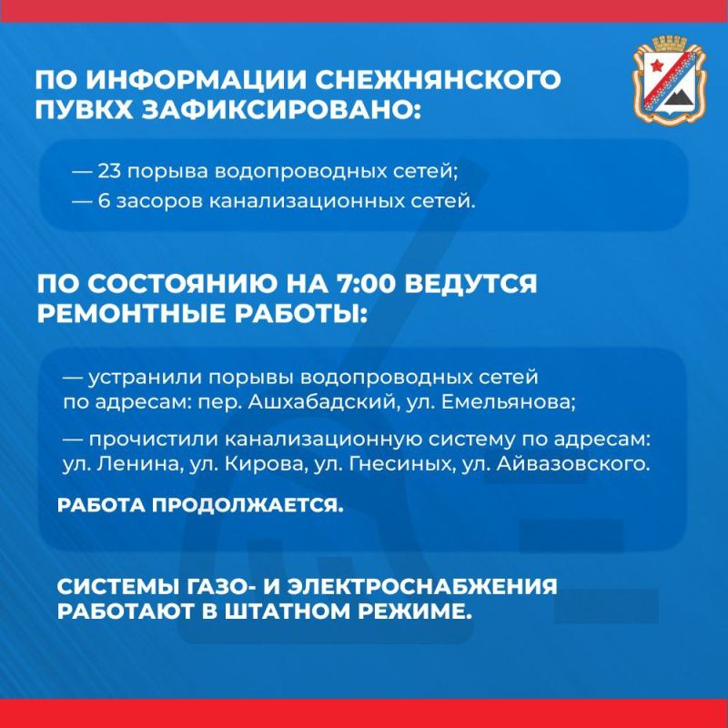Администрация городского округа Снежное сообщает о работе основных систем жизнеобеспечения на утро 14 марта Администрация городского округа Снежное сообщает о работе основных систем жизнеобеспечения на утро 14 марта
