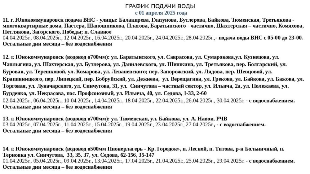 График подачи водоснабжения на апрель График подачи водоснабжения на апрель