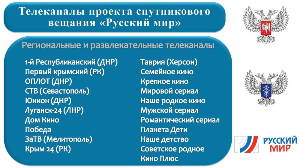 Александр Шатов: Министерство цифрового развития государственного управления, информационных технологий и связи ДНР совместно с оператором «Русский мир» подготовили информационные карточки с телеканалами телевещательного... Александр Шатов: Министерство цифрового развития государственного управления, информационных технологий и связи ДНР совместно с оператором «Русский мир» подготовили информационные карточки с телеканалами телевещательного...