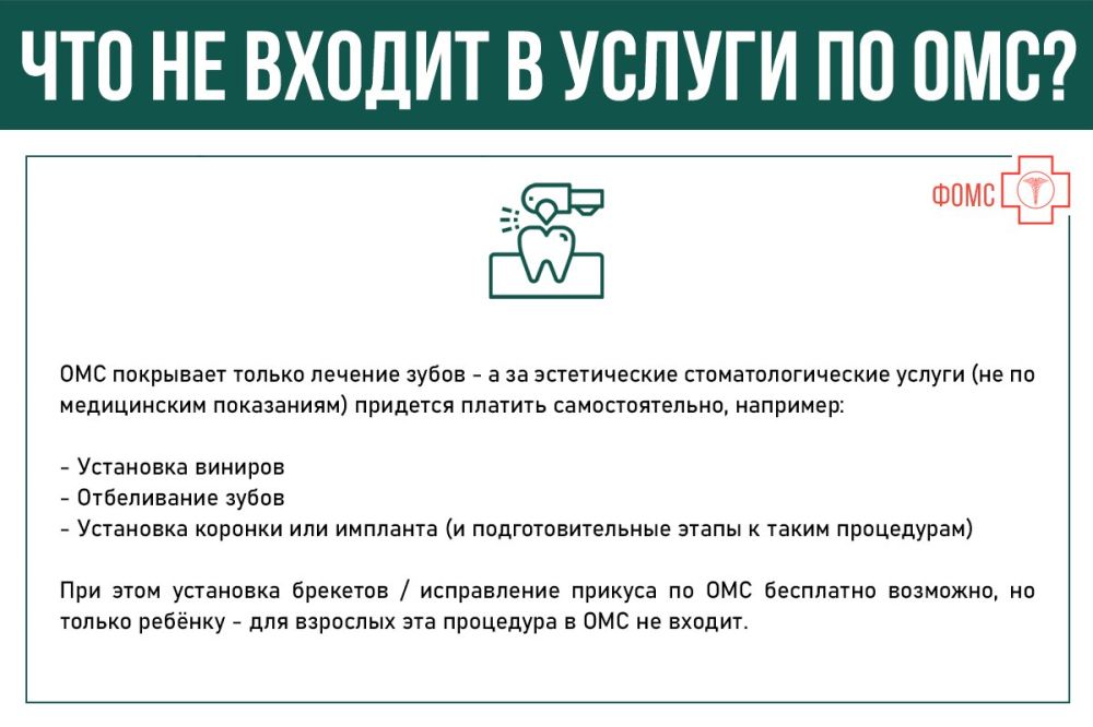Федеральный фонд обязательного медицинского страхования (ФОМС) разъясняет, что входит и что не включено в стоматологические услуги по ОМС, а также на что стоит обратить внимание при выборе лечения зубов в 2025 году Федеральный фонд обязательного медицинского страхования (ФОМС) разъясняет, что входит и что не включено в стоматологические услуги по ОМС, а также на что стоит обратить внимание при выборе лечения зубов в 2025 году