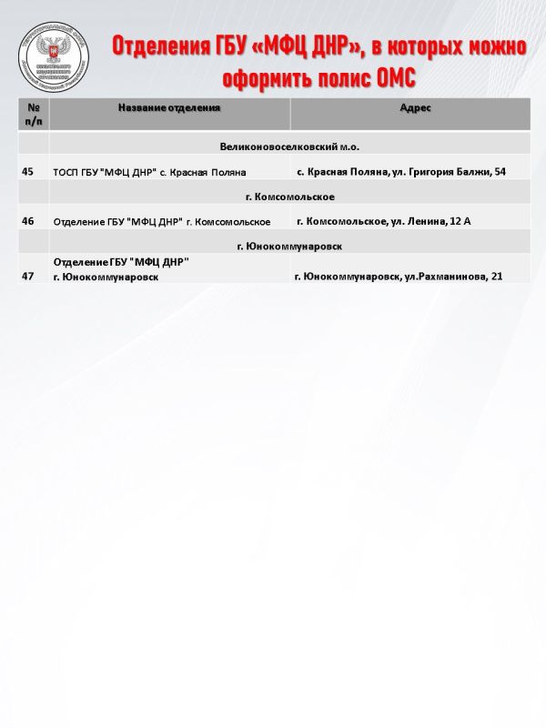Оформление полиса ОМС возможно в отделениях МФЦ ДНР, в каких смотрите в карточках Оформление полиса ОМС возможно в отделениях МФЦ ДНР, в каких смотрите в карточках