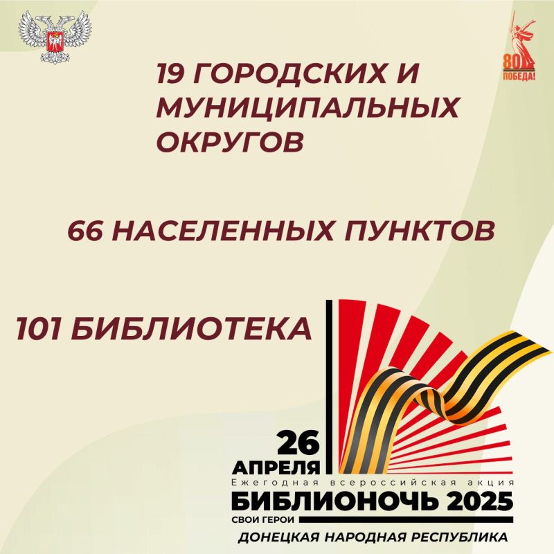 26 апреля 2025 года в библиотеках Донецкой Народной Республики прошли мероприятия в рамках Ежегодной всероссийской акции «Библионочь – 2025», которая была посвящена теме «СВОи герои» и проходила под девизом «Нет в России... 26 апреля 2025 года в библиотеках Донецкой Народной Республики прошли мероприятия в рамках Ежегодной всероссийской акции «Библионочь – 2025», которая была посвящена теме «СВОи герои» и проходила под девизом «Нет в России...