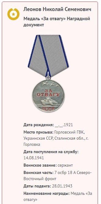 Леонов Николай Семёнович был призван в ряды Советской армии Горловским ГВК, Украинской ССР, Сталинской области, города Горловка, участвовал в Великой Отечественной войне с 24.08.1941 года Леонов Николай Семёнович был призван в ряды Советской армии Горловским ГВК, Украинской ССР, Сталинской области, города Горловка, участвовал в Великой Отечественной войне с 24.08.1941 года