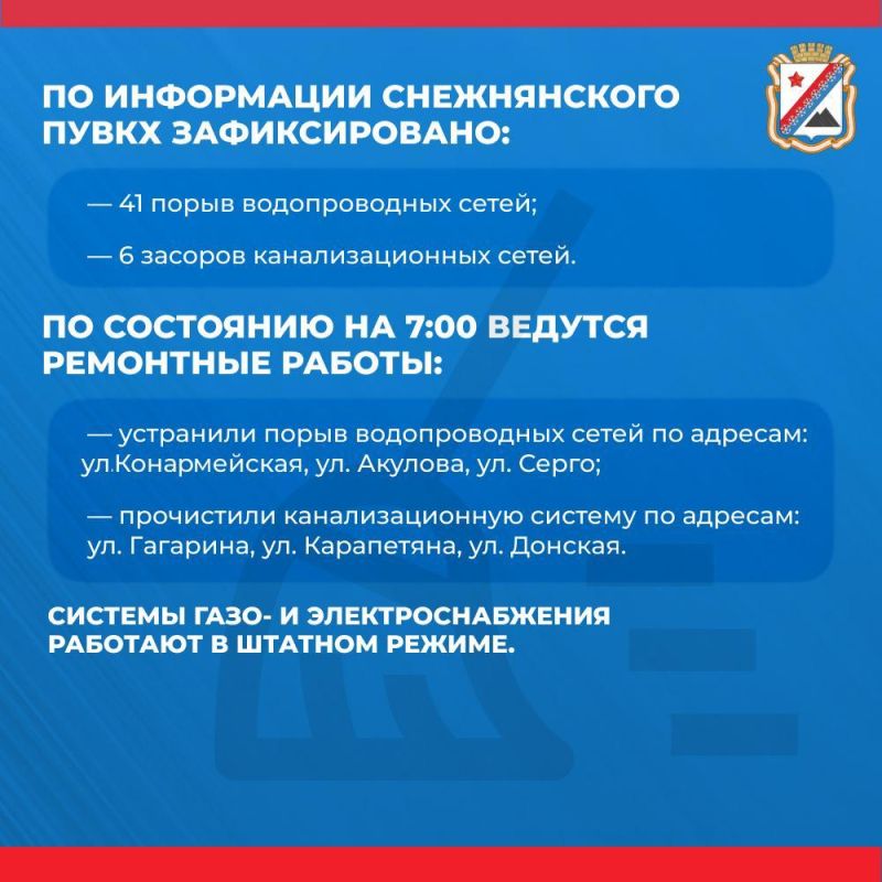 Администрация городского округа Снежное сообщает о работе основных систем жизнеобеспечения на утро 14 мая Администрация городского округа Снежное сообщает о работе основных систем жизнеобеспечения на утро 14 мая