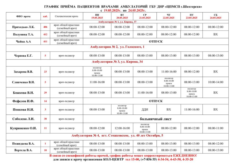 Александр Шатов: ВниманиеИнформация о графике приемов врачами и врачами-педиатрами Александр Шатов: ВниманиеИнформация о графике приемов врачами и врачами-педиатрами
