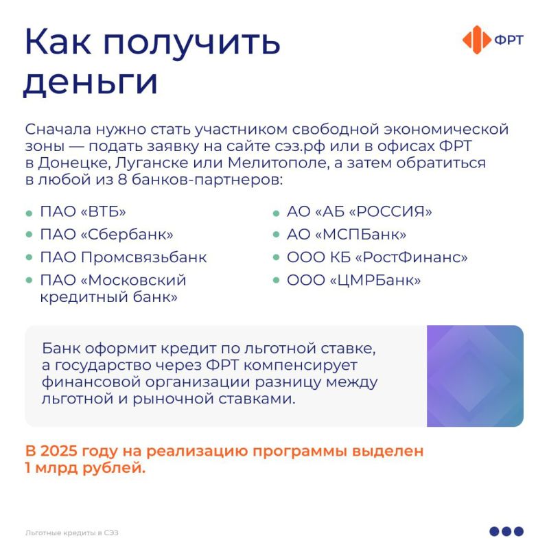 Компаниям - участникам свободной экономической зоны в новых регионах России доступны льготные кредиты по ставке до 15% годовых, сообщили в Фонде развития территорий Компаниям - участникам свободной экономической зоны в новых регионах России доступны льготные кредиты по ставке до 15% годовых, сообщили в Фонде развития территорий