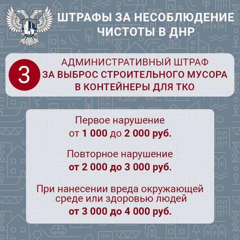 За нарушение требований по поддержанию чистоты и порядка предусмотрены меры административного воздействия в виде предупреждения или наложения административного штрафа, заявили в Минстрое ДНР За нарушение требований по поддержанию чистоты и порядка предусмотрены меры административного воздействия в виде предупреждения или наложения административного штрафа, заявили в Минстрое ДНР