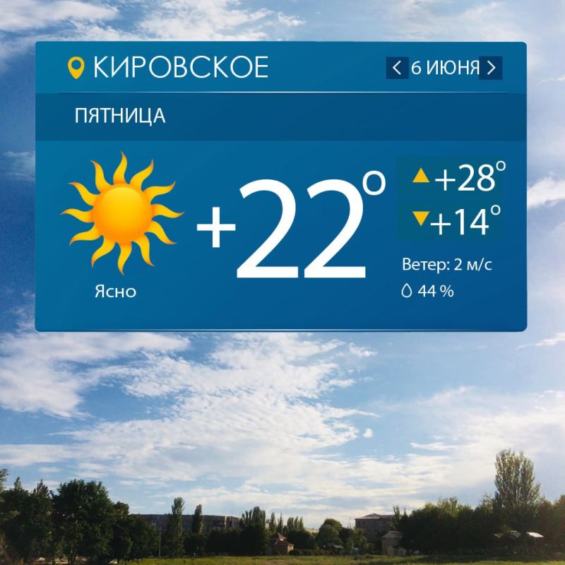 Завтра в Кировском ожидается солнечная погода, теплая и практически безветренная! К обеду температура воздуха поднимется до +28 °С