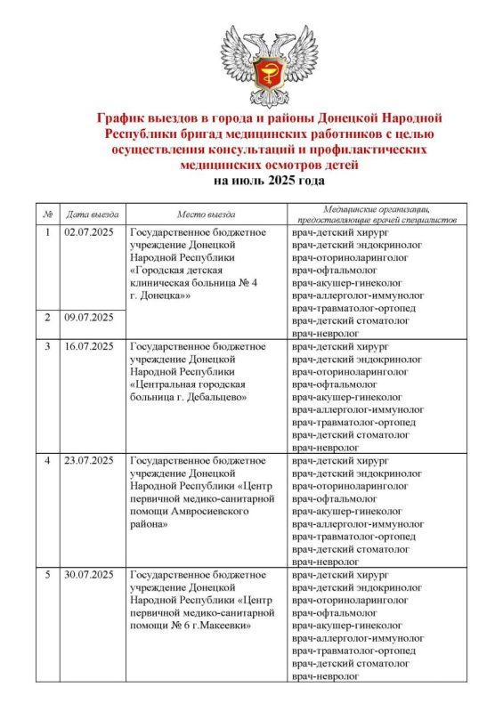 Выезжают бригадами: в июле врачи узких специальностей обследуют детей ДНР Выезжают бригадами: в июле врачи узких специальностей обследуют детей ДНР