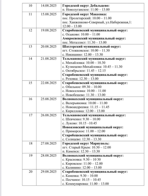 На август утвержден график выезда автоаптеки в населенные пункты городских округов Донецк, Макеевка, Мариуполь, Дебальцево, Енакиево, Харцызск, а также в Амвросиевский, Волновахский, Докучаевский, Новоазовский... На август утвержден график выезда автоаптеки в населенные пункты городских округов Донецк, Макеевка, Мариуполь, Дебальцево, Енакиево, Харцызск, а также в Амвросиевский, Волновахский, Докучаевский, Новоазовский...