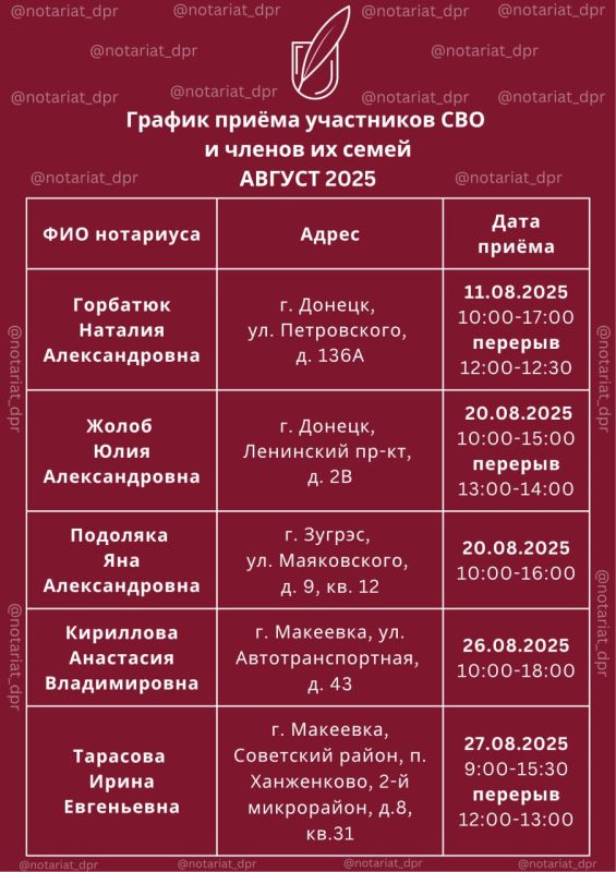 График приёма участников СВО и членов их семей в августе График приёма участников СВО и членов их семей в августе
