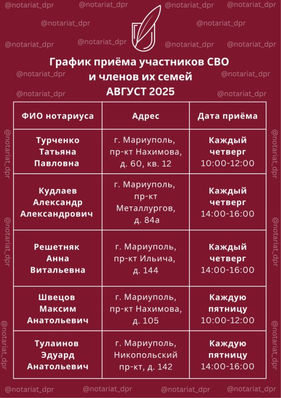 График приёма участников СВО и членов их семей в августе График приёма участников СВО и членов их семей в августе