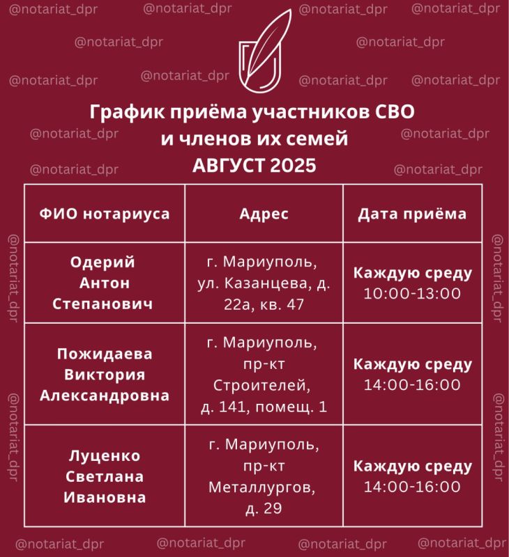 График приёма участников СВО и членов их семей в августе График приёма участников СВО и членов их семей в августе
