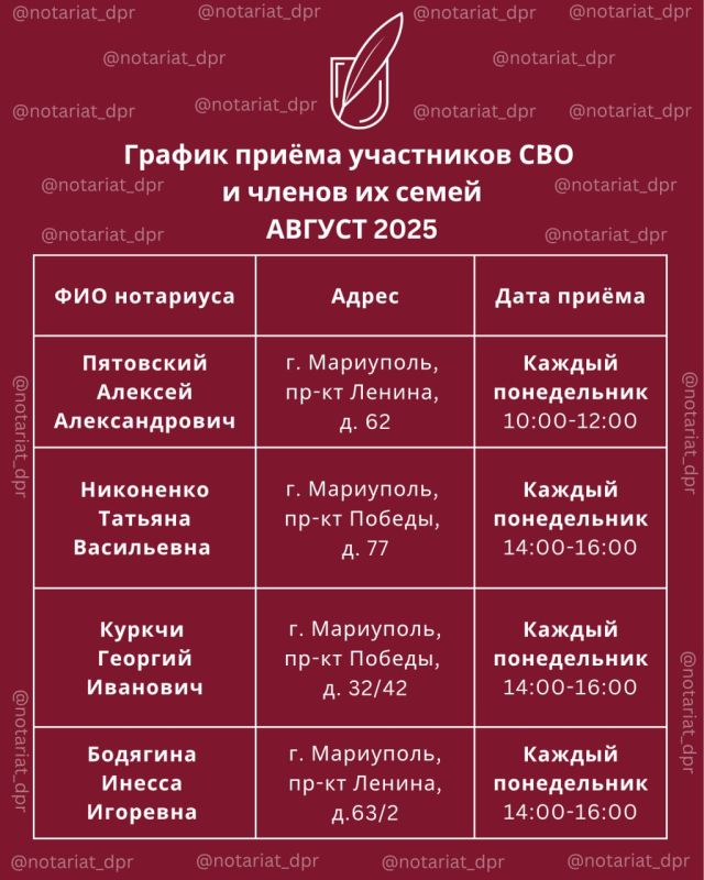 График приёма участников СВО и членов их семей в августе График приёма участников СВО и членов их семей в августе