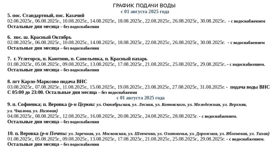 График подачи водоснабжения на август График подачи водоснабжения на август