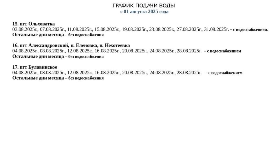 График подачи водоснабжения на август График подачи водоснабжения на август