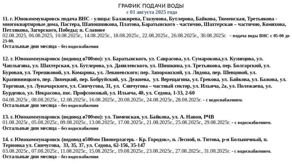 График подачи водоснабжения на август График подачи водоснабжения на август