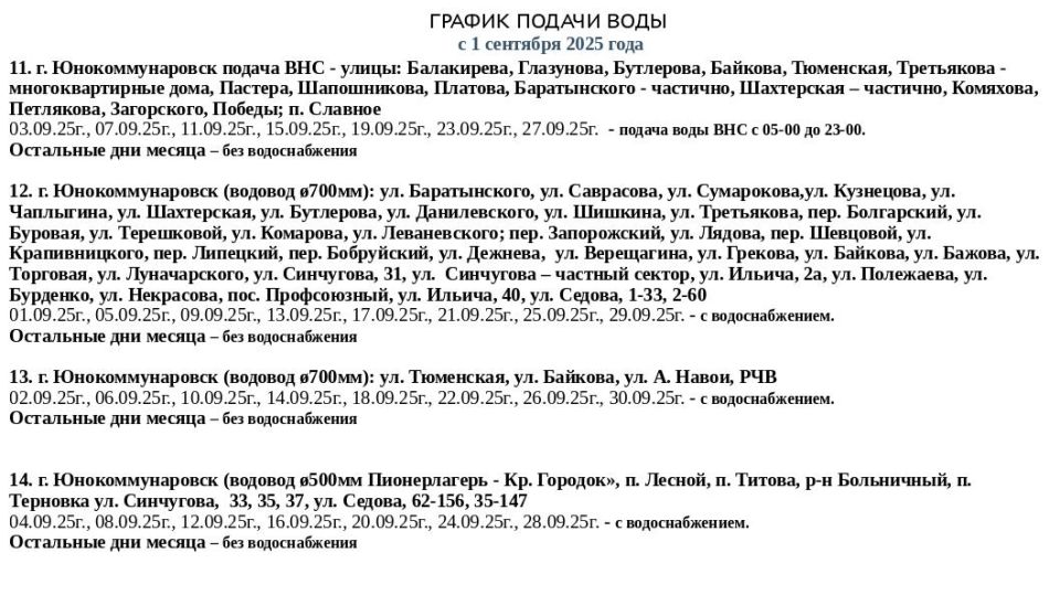 График подачи водоснабжения на сентябрь График подачи водоснабжения на сентябрь