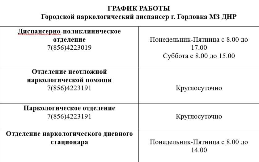 Иван Приходько: График работы специалистов ГБУ ДНР «ГСП № 4 г.Горловки», ГБУ ДНР «ГДСП г.Горловки», ГБУ ДНР «Городской наркологический диспансер г. Горловки», ГБУ ДНР «ГПБ г. Горловки», ГБУ ДНР «ГПТД г.Горловки», ГБУ ДНР... Иван Приходько: График работы специалистов ГБУ ДНР «ГСП № 4 г.Горловки», ГБУ ДНР «ГДСП г.Горловки», ГБУ ДНР «Городской наркологический диспансер г. Горловки», ГБУ ДНР «ГПБ г. Горловки», ГБУ ДНР «ГПТД г.Горловки», ГБУ ДНР...