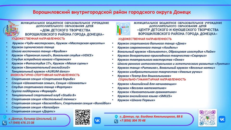 Уважаемые Дончане!. В нашем городе работают учреждения дополнительного образования, которые предлагают вашим детям широкий выбор кружков и секций, где каждый ребенок сможет найти занятие по душе Уважаемые Дончане!. В нашем городе работают учреждения дополнительного образования, которые предлагают вашим детям широкий выбор кружков и секций, где каждый ребенок сможет найти занятие по душе
