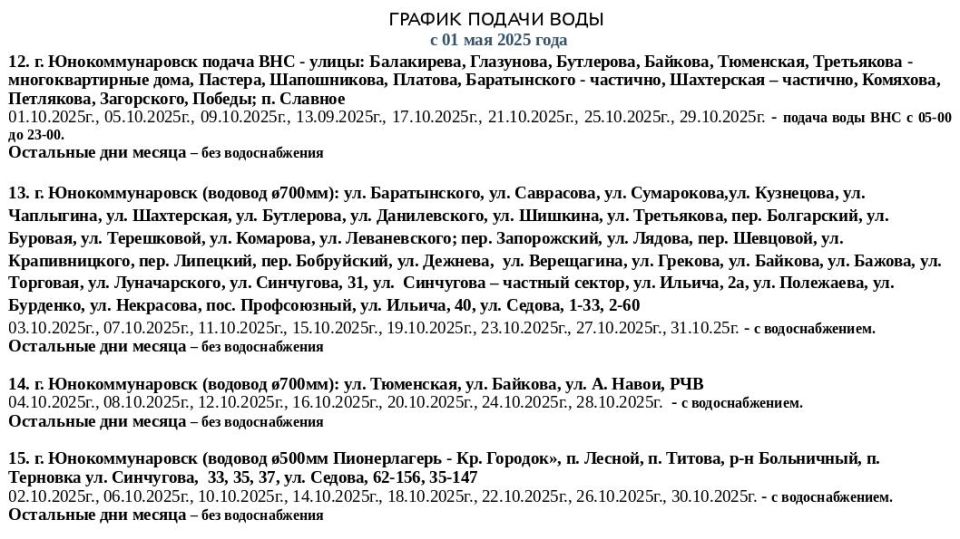 График подачи водоснабжения на октябрь График подачи водоснабжения на октябрь