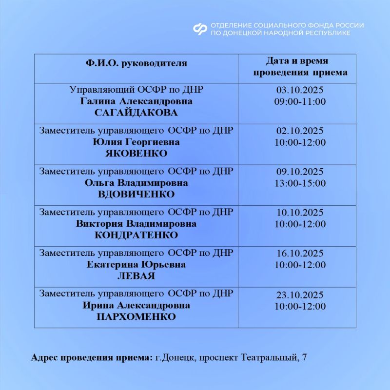 График приема жителей Донецкой Народной Республики руководством регионального Отделения СФР в октябре 2025 года График приема жителей Донецкой Народной Республики руководством регионального Отделения СФР в октябре 2025 года