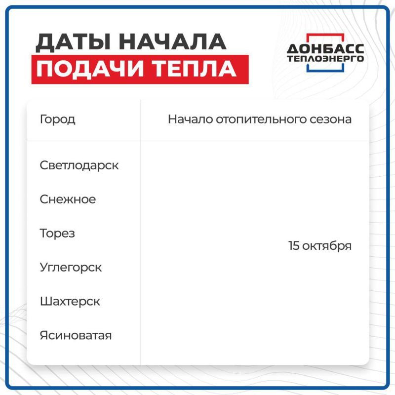 Донбасстеплоэнерго опубликовал сроки запуска отопительных систем по городам ДНР Донбасстеплоэнерго опубликовал сроки запуска отопительных систем по городам ДНР