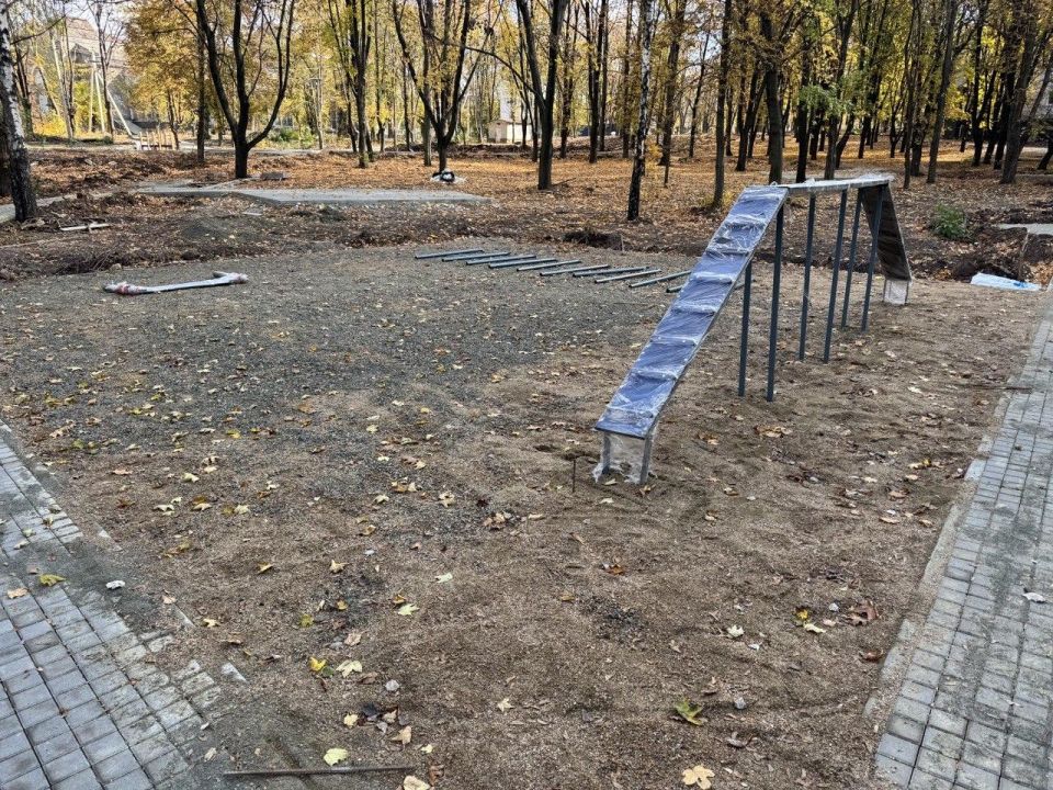 Рабочие региона-шефа установили спортивный инвентарь в парке Машиностроителей Рабочие региона-шефа установили спортивный инвентарь в парке Машиностроителей