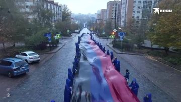 «Стал символом борьбы за свободу и верности избранному пути»: Молодежь развернула 200-метровый флаг ДНР в Донецке