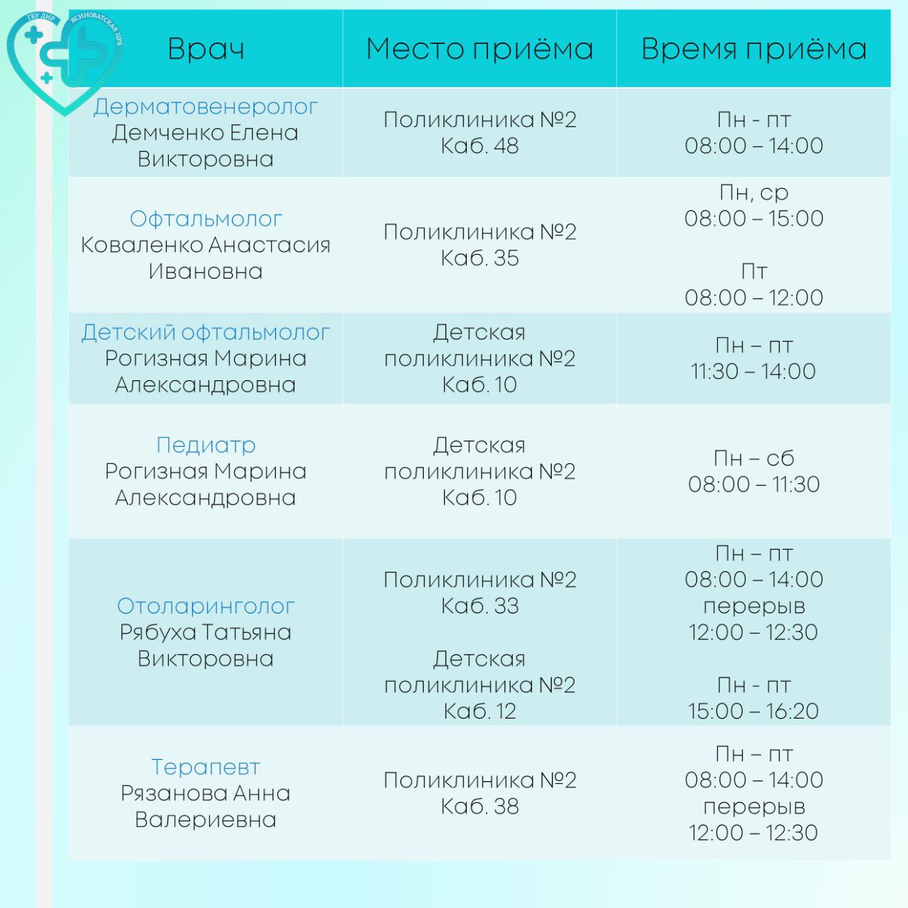 График прима специалистов Ясиноватской центральной районной больницы График прима специалистов Ясиноватской центральной районной больницы