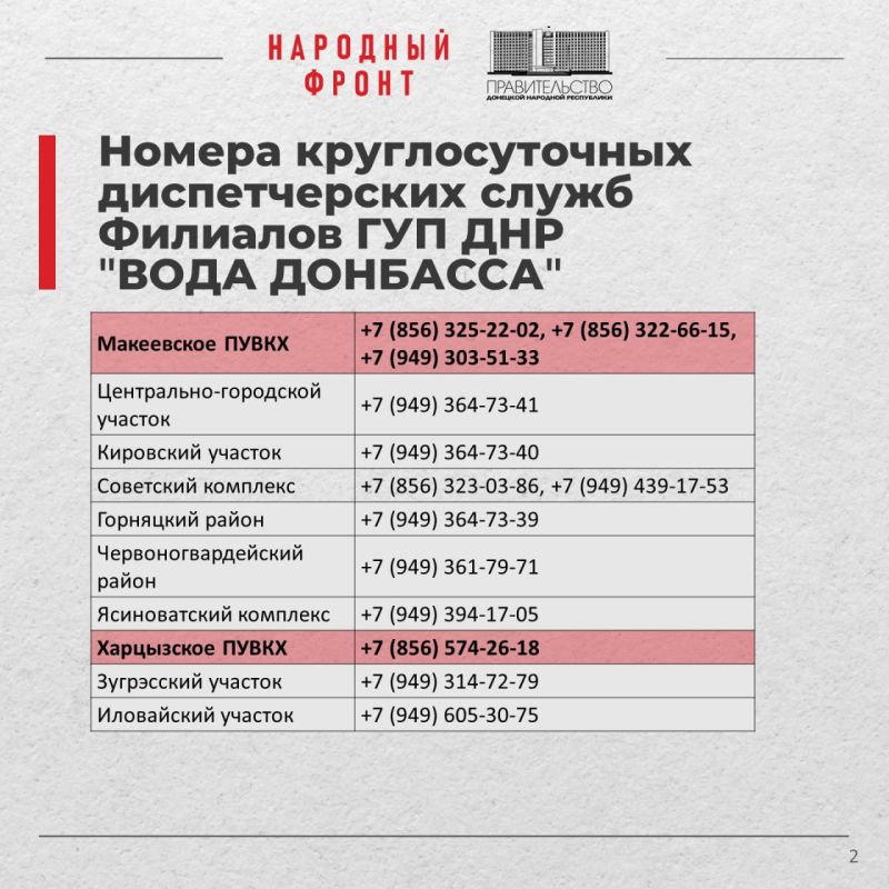 По номерам телефонов круглосуточных диспетчерских служб «Воды Донбасса» можно узнать не только ситуацию с водоснабжением в районе, но и адреса размещения емкостей с водой поблизости от дома По номерам телефонов круглосуточных диспетчерских служб «Воды Донбасса» можно узнать не только ситуацию с водоснабжением в районе, но и адреса размещения емкостей с водой поблизости от дома