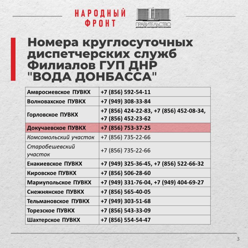 По номерам телефонов круглосуточных диспетчерских служб «Воды Донбасса» можно узнать не только ситуацию с водоснабжением в районе, но и адреса размещения емкостей с водой поблизости от дома По номерам телефонов круглосуточных диспетчерских служб «Воды Донбасса» можно узнать не только ситуацию с водоснабжением в районе, но и адреса размещения емкостей с водой поблизости от дома