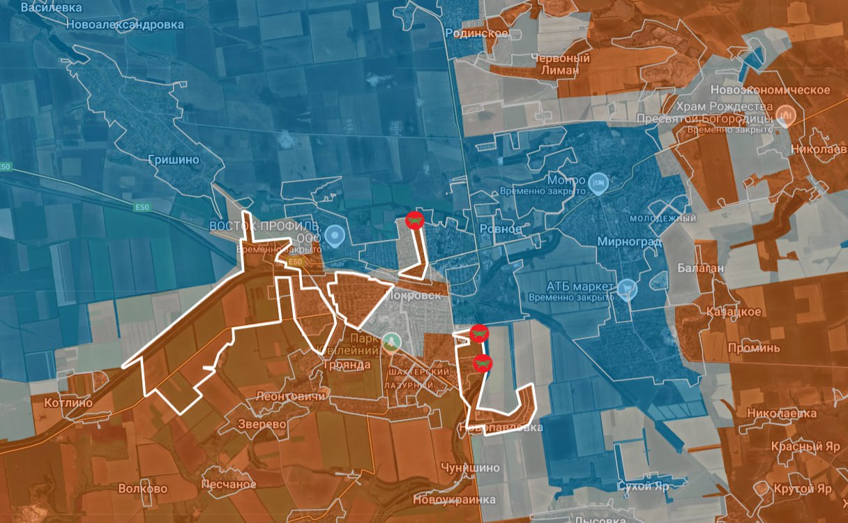 Так выглядит "контролируемость" ситуации в Покровске на отечественных и украинских онлайн-картах текущей обстановки в зоне СВО Так выглядит "контролируемость" ситуации в Покровске на отечественных и украинских онлайн-картах текущей обстановки в зоне СВО