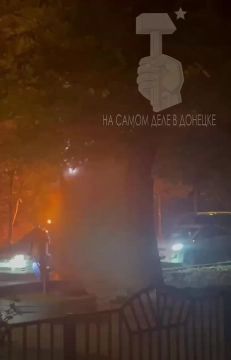 Автомобиль врезался в столб и загорелся возле парка им. Щербакова в Донецке