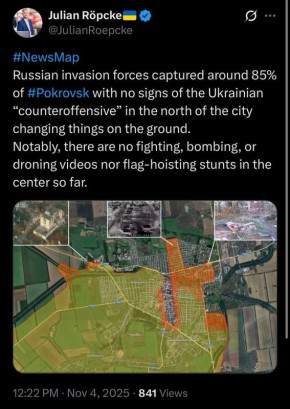 По заявлению военного обозревателя издания Bild Юлиана Репке, Вооруженные силы РФ установили контроль уже примерно над 85% территории Покровска