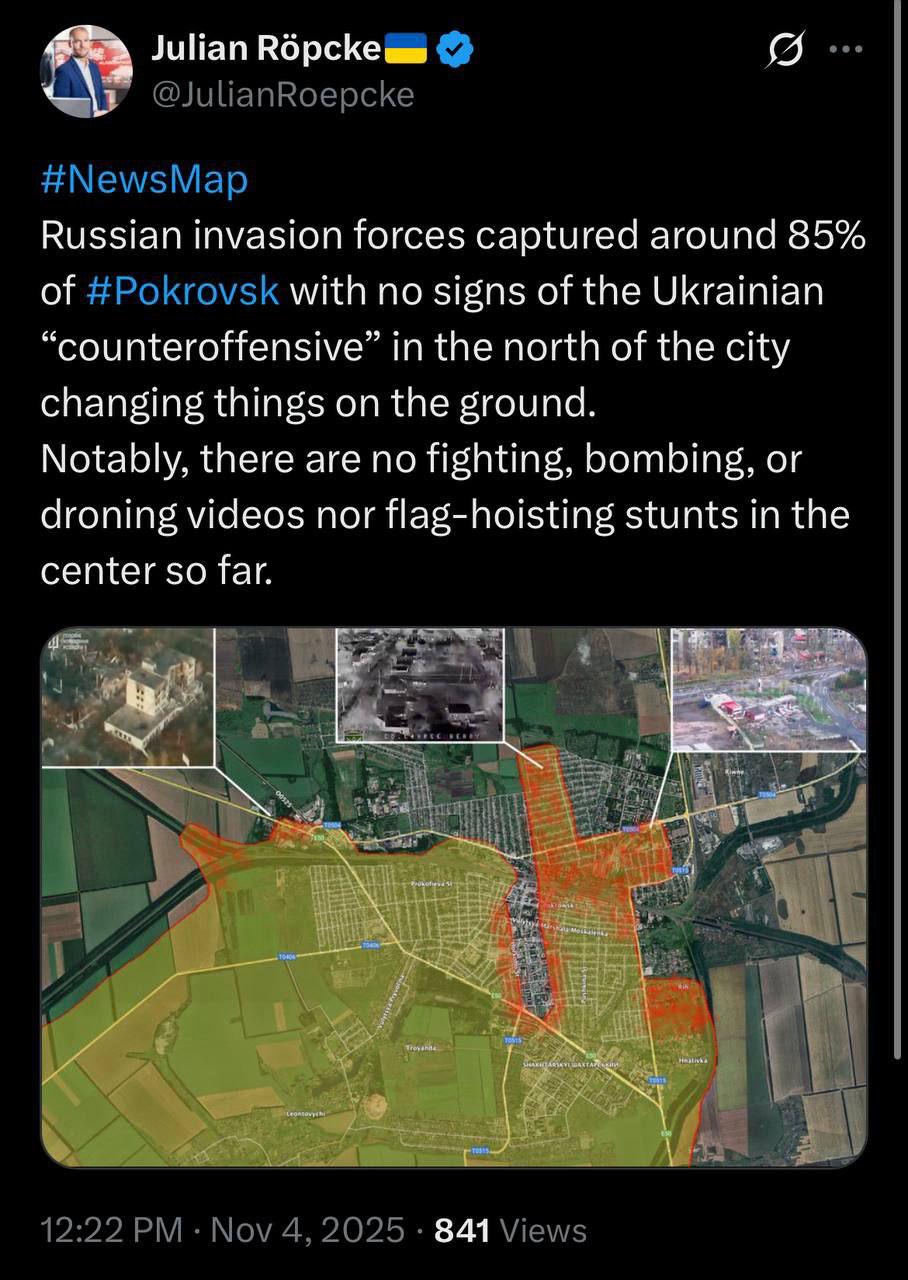 По заявлению военного обозревателя издания Bild Юлиана Репке, Вооруженные силы РФ установили контроль уже примерно над 85% территории Покровска