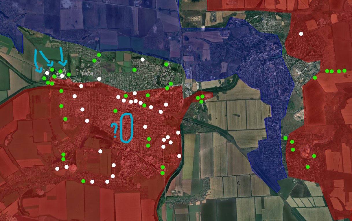 Ниже представлена карта всех видеороликов российских солдат в Покровске с 15 октября (обозначена белым цветом), а видеоролики с 1 ноября — зеленым цветом