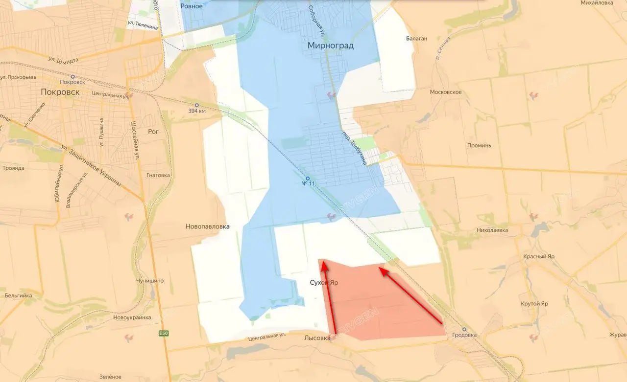 Российские войска продвинулись с южной стороны Мирнограда, установив полный контроль над н.п. Сухой Яр