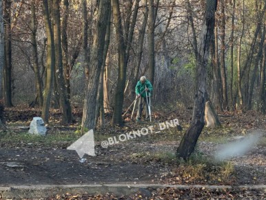 Донецкие будни. Бабушка на костылях убирает листву