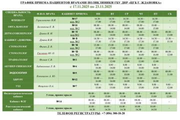 Уважаемые пациенты!. Актуальный график приема специалистами ГБУ ДНР «ЦГБ г. Ждановка» с 17.11.2025 по 23.11.2025