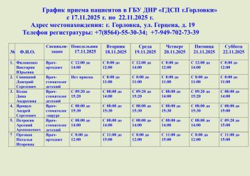 Иван Приходько: График работы специалистов ГБУ ДНР «ГДСП г.Горловки», ГБУ ДНР «Городской наркологический диспансер г. Горловки», ГБУ ДНР «ГПБ г. Горловки», ГБУ ДНР «ГПТД г.Горловки», ГБУ ДНР «ГДВД г.Горловки», ГБУ ДНР «ГСП...