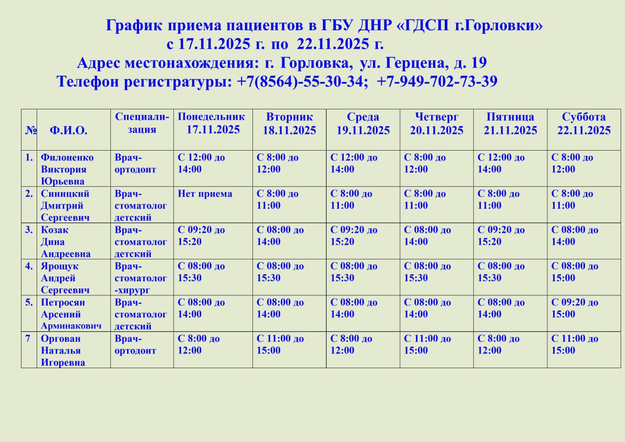 Иван Приходько: График работы специалистов ГБУ ДНР «ГДСП г.Горловки», ГБУ ДНР «Городской наркологический диспансер г. Горловки», ГБУ ДНР «ГПБ г. Горловки», ГБУ ДНР «ГПТД г.Горловки», ГБУ ДНР «ГДВД г.Горловки», ГБУ ДНР «ГСП...