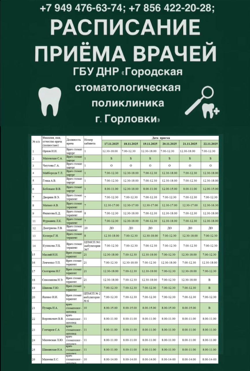 Иван Приходько: График работы специалистов ГБУ ДНР «ГДСП г.Горловки», ГБУ ДНР «Городской наркологический диспансер г. Горловки», ГБУ ДНР «ГПБ г. Горловки», ГБУ ДНР «ГПТД г.Горловки», ГБУ ДНР «ГДВД г.Горловки», ГБУ ДНР «ГСП... Иван Приходько: График работы специалистов ГБУ ДНР «ГДСП г.Горловки», ГБУ ДНР «Городской наркологический диспансер г. Горловки», ГБУ ДНР «ГПБ г. Горловки», ГБУ ДНР «ГПТД г.Горловки», ГБУ ДНР «ГДВД г.Горловки», ГБУ ДНР «ГСП...