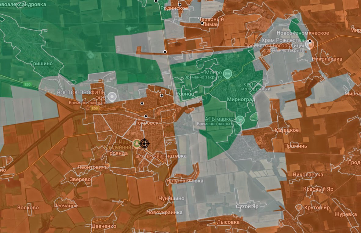 Фактически, уже 100% территории Покровска находится либо под контролем ВС РФ, либо в серой зоне Фактически, уже 100% территории Покровска находится либо под контролем ВС РФ, либо в серой зоне