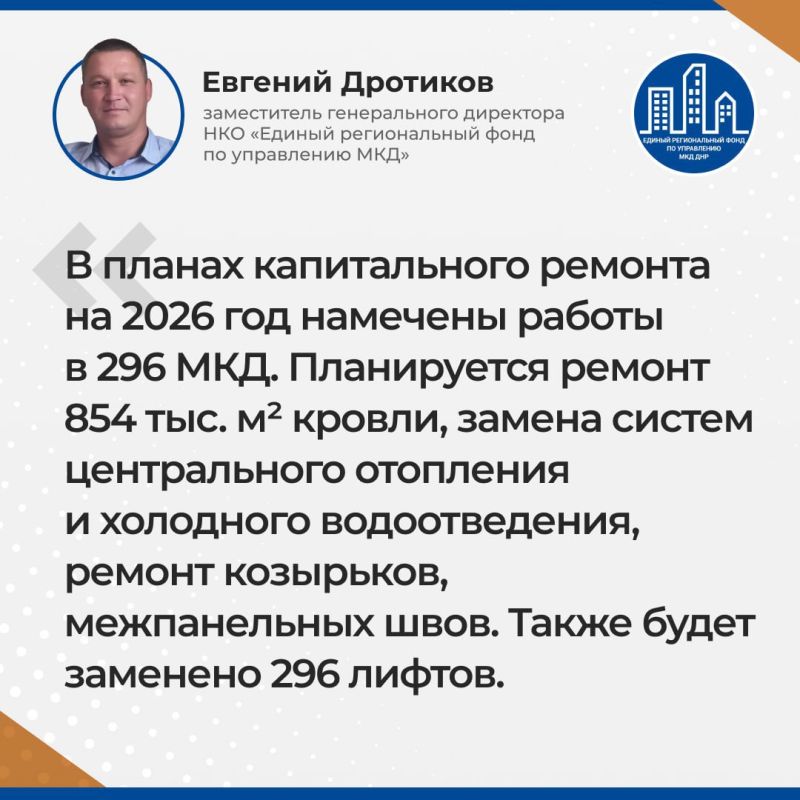 В планах капитального ремонта на 2026 год намечены работы ы 296 многоквартирных домах, сообщил заместитель гендиректора фонда по управлению МКД Евгений Дротиков В планах капитального ремонта на 2026 год намечены работы ы 296 многоквартирных домах, сообщил заместитель гендиректора фонда по управлению МКД Евгений Дротиков