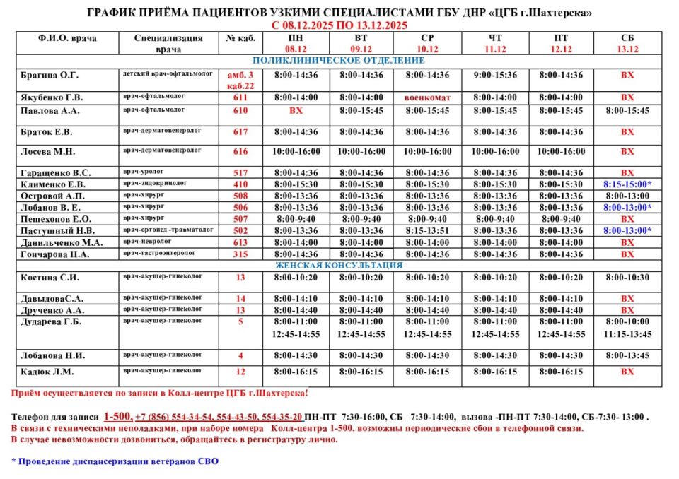 ВниманиеИнформация о графике приемов врачами и врачами-педиатрами