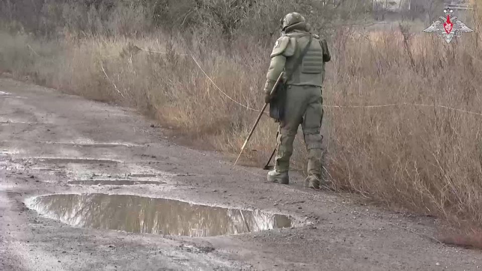 Военнослужащие 12-й отдельной гвардейской инженерной бригады группировки войск ЦЕНТР разминируют местность в районе населенного пункта Галицыновка в ДНР