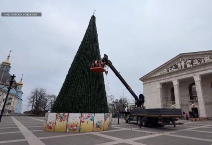 Специалисты из Санкт-Петербурга установили 14-метровую елку в Мариуполе