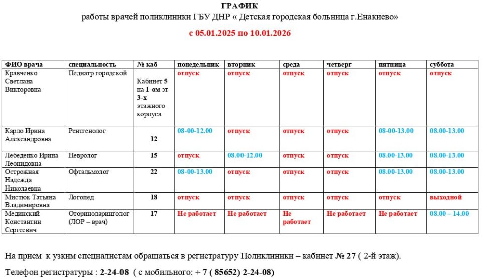 График приёма врачей поликлиники детской городской больницы города Енакиево График приёма врачей поликлиники детской городской больницы города Енакиево
